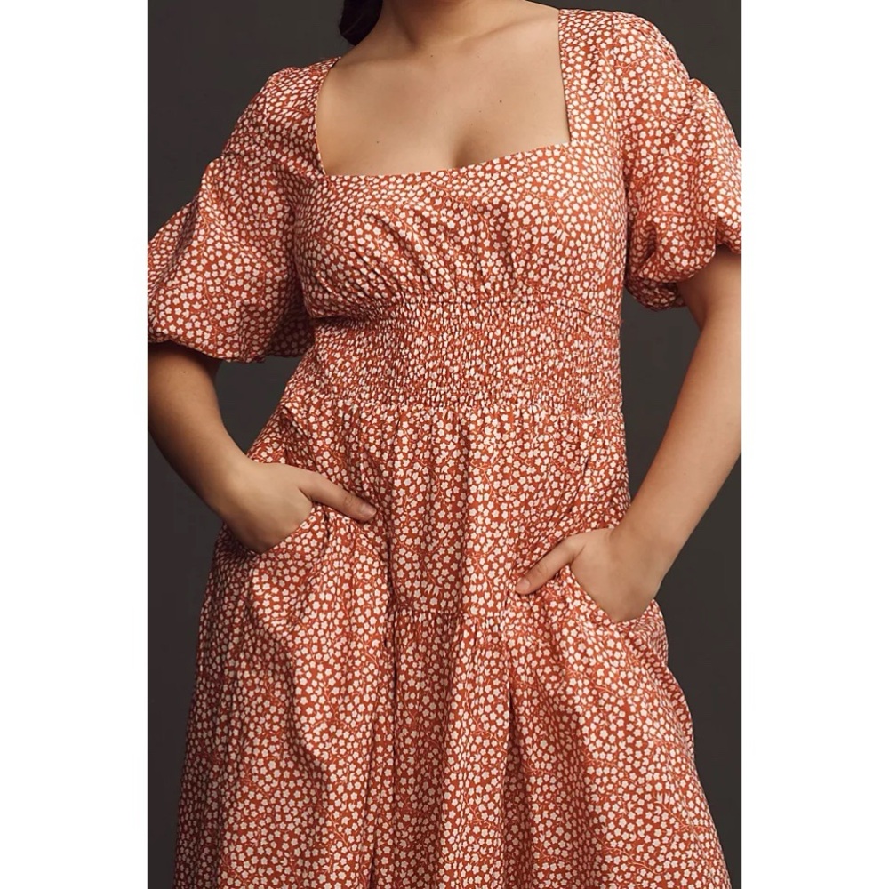 Anthropologie Red Floral Smocked Puff Sleeve Midi Dress Square Neck Large NWT - Picture 4 of 5